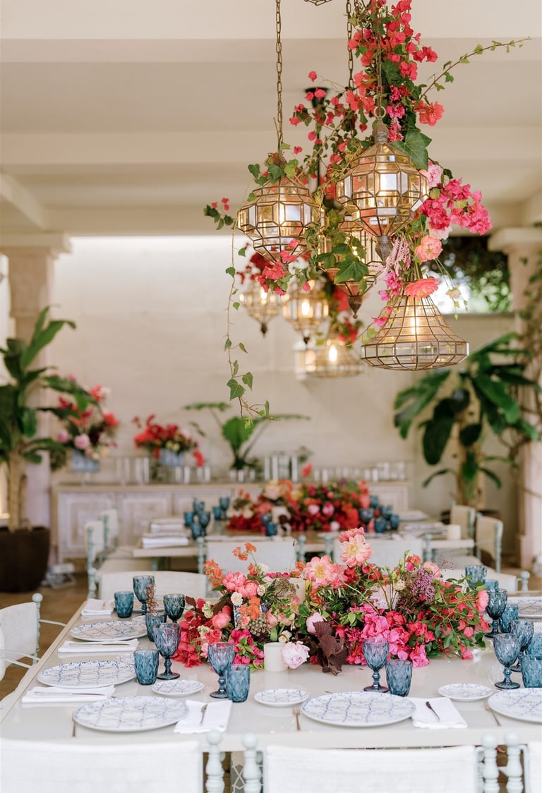 Outdoor dining area at Villa El Rincon in Marbella, with beautiful decorations for a Mediterranean destination wedding.