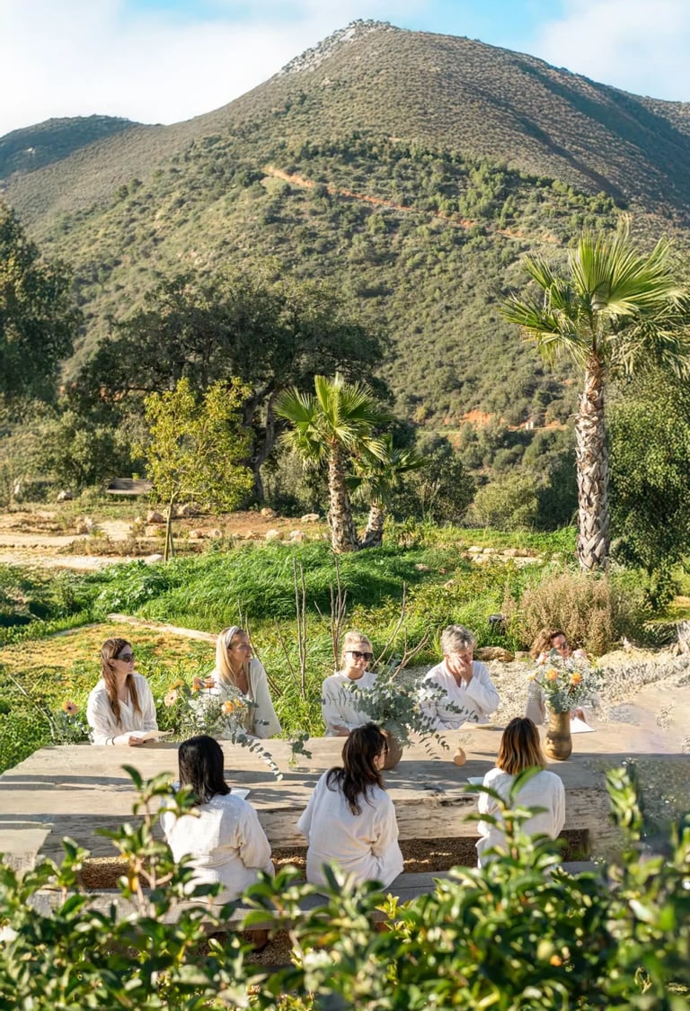 Outdoor group gathering with mountain views and gardens