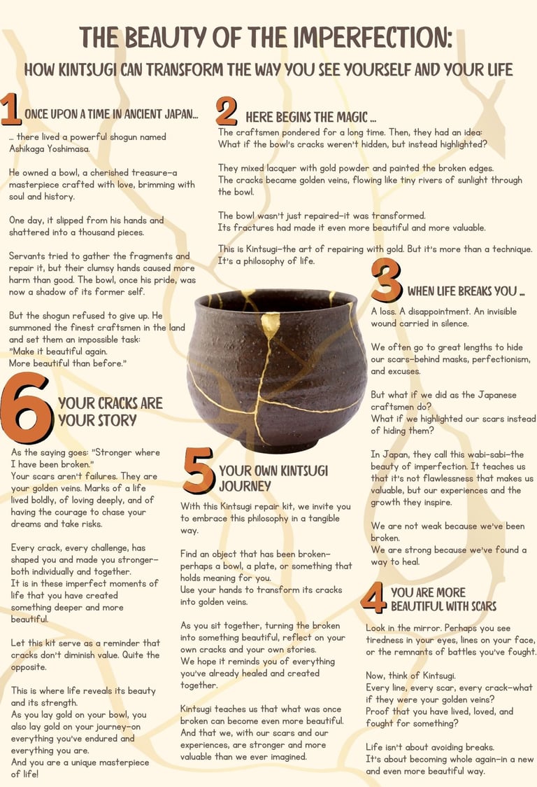 Infographic about Kintsugi and self-worth, featuring golden-repaired bowl and healing message.