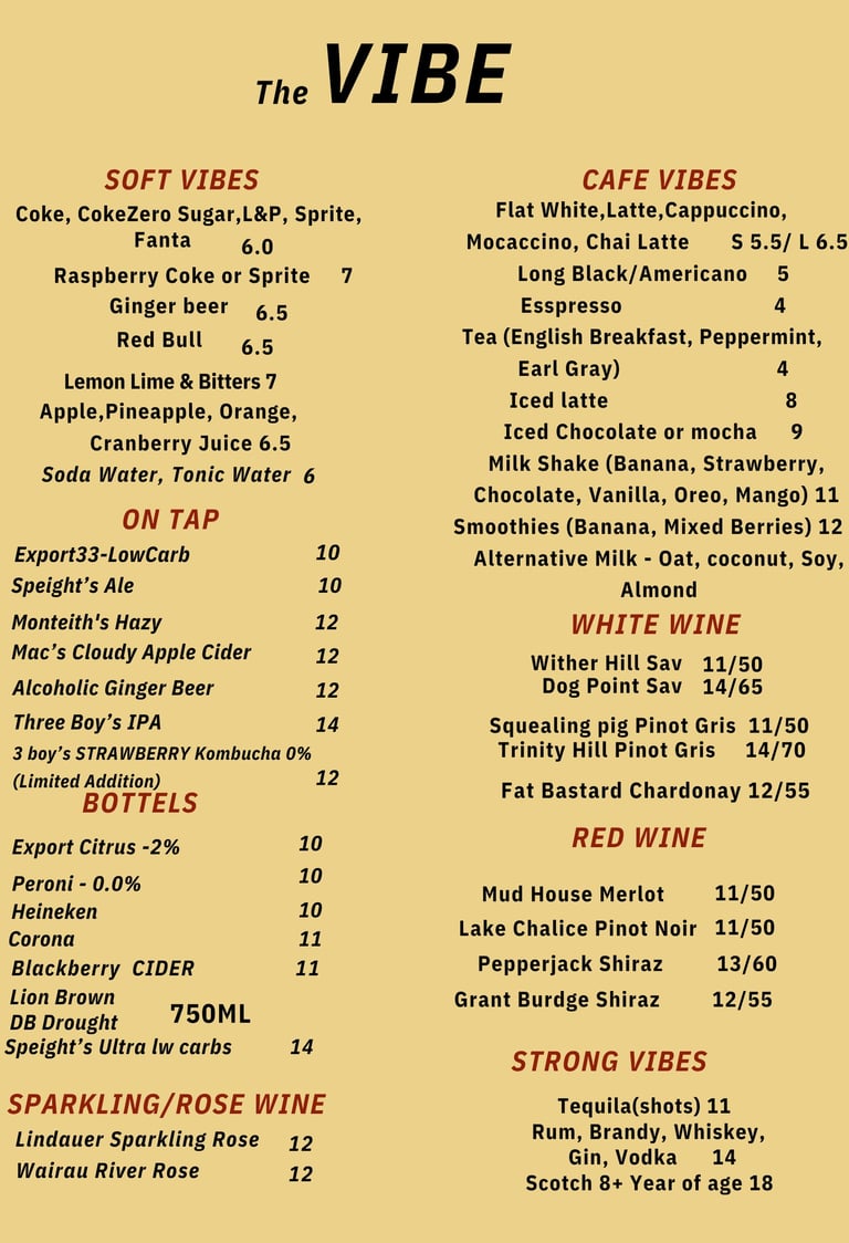 The Vibe drinks menu featuring soft drinks, beer on tap, coffee, smoothies, and a selection of wines.