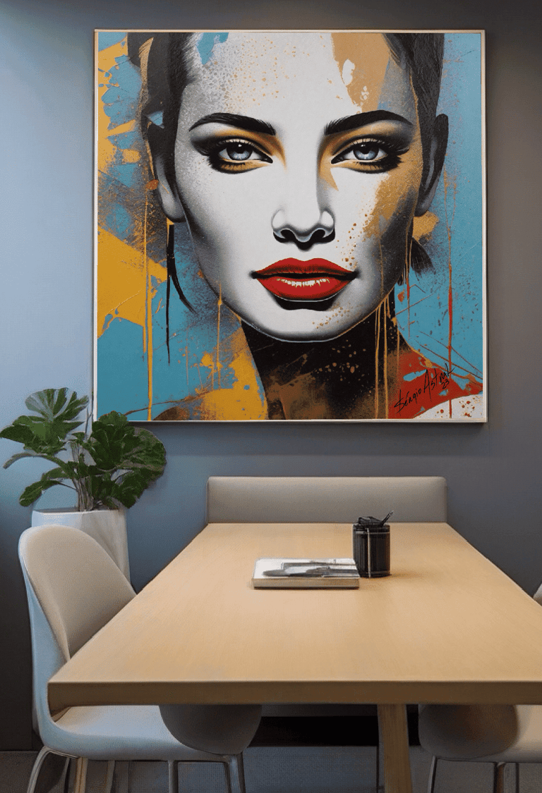 Quadro personalizado de rosto de mulher em estilo pop-art com fundo abstrato.