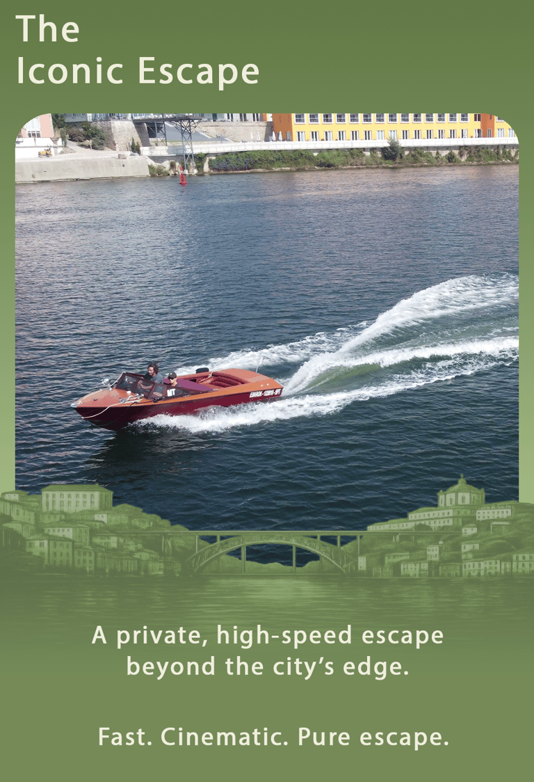 Eskrok private wooden speedboat experience on the Douro River, fast cinematic cruising through Porto