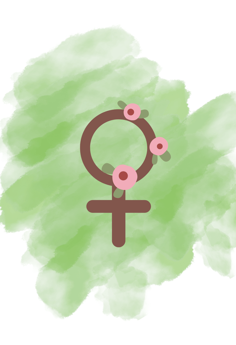 Female gender symbol with pink flowers on a green watercolor background.
