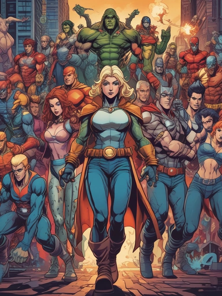 a group of superheros standing in front of a cityscapeople