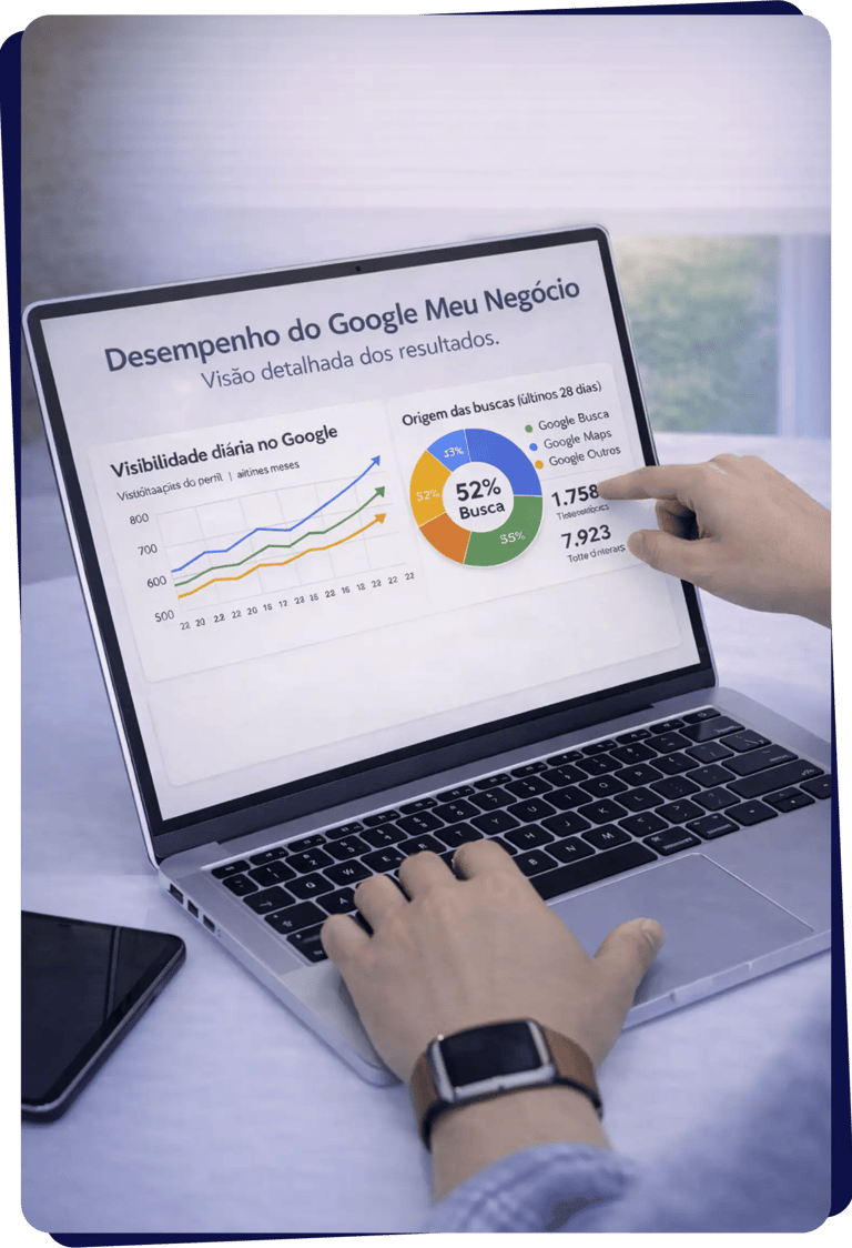 Gráficos de desempenho do Google Meu Negócio com crescimento contínuo de buscas, visualizações e interações