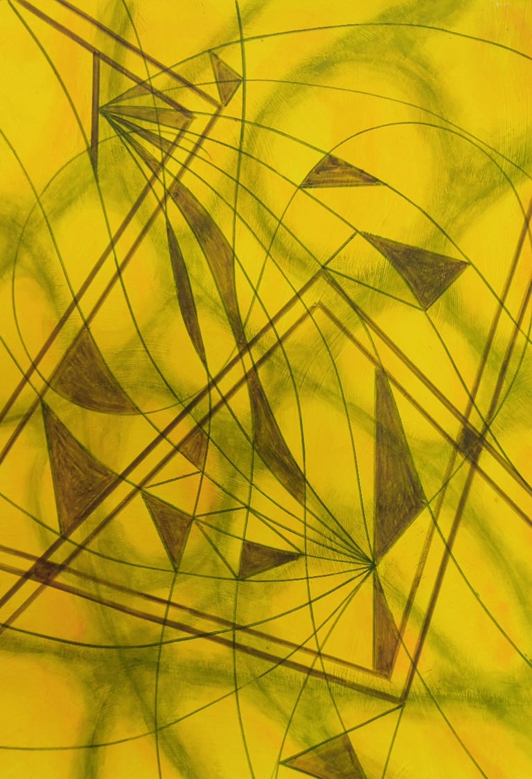 Broken Frame — geometric triangular forms with intersecting lines on yellow ground, by Zanda