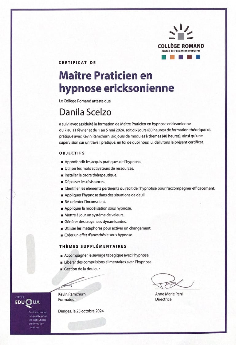 Certificat de Maître Praticien en Hypnose - Spécialisation Thérapies Brèves