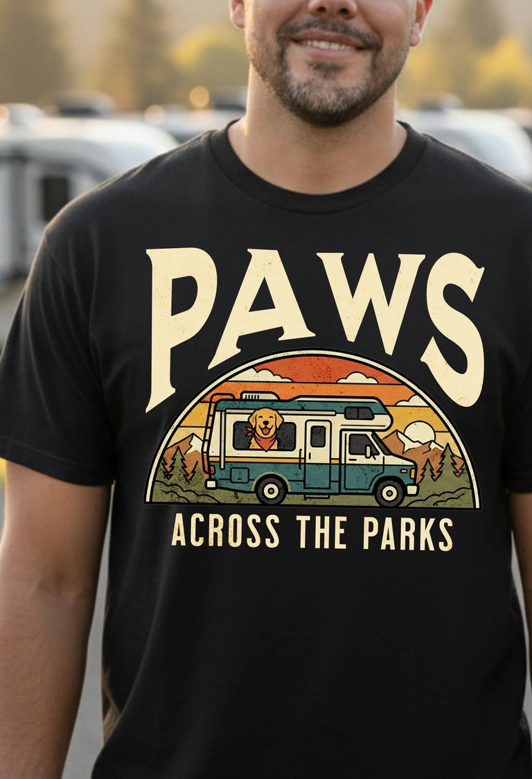 Horacio & Visconti Paws Across the Parks shirt — retro sunset RV and dog graphic on garment-dyed Com