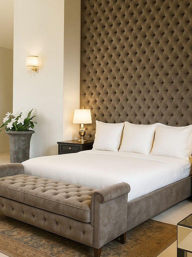 Tufted bed and bench with dark wall paneling, custom-designed by Solo Home Decor for a luxe bedroom.