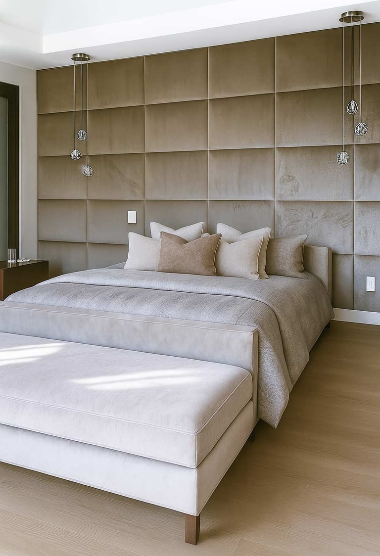 Modern bedroom with full-wall panels and a bench at the foot of a California king bed by Solo Home Decor