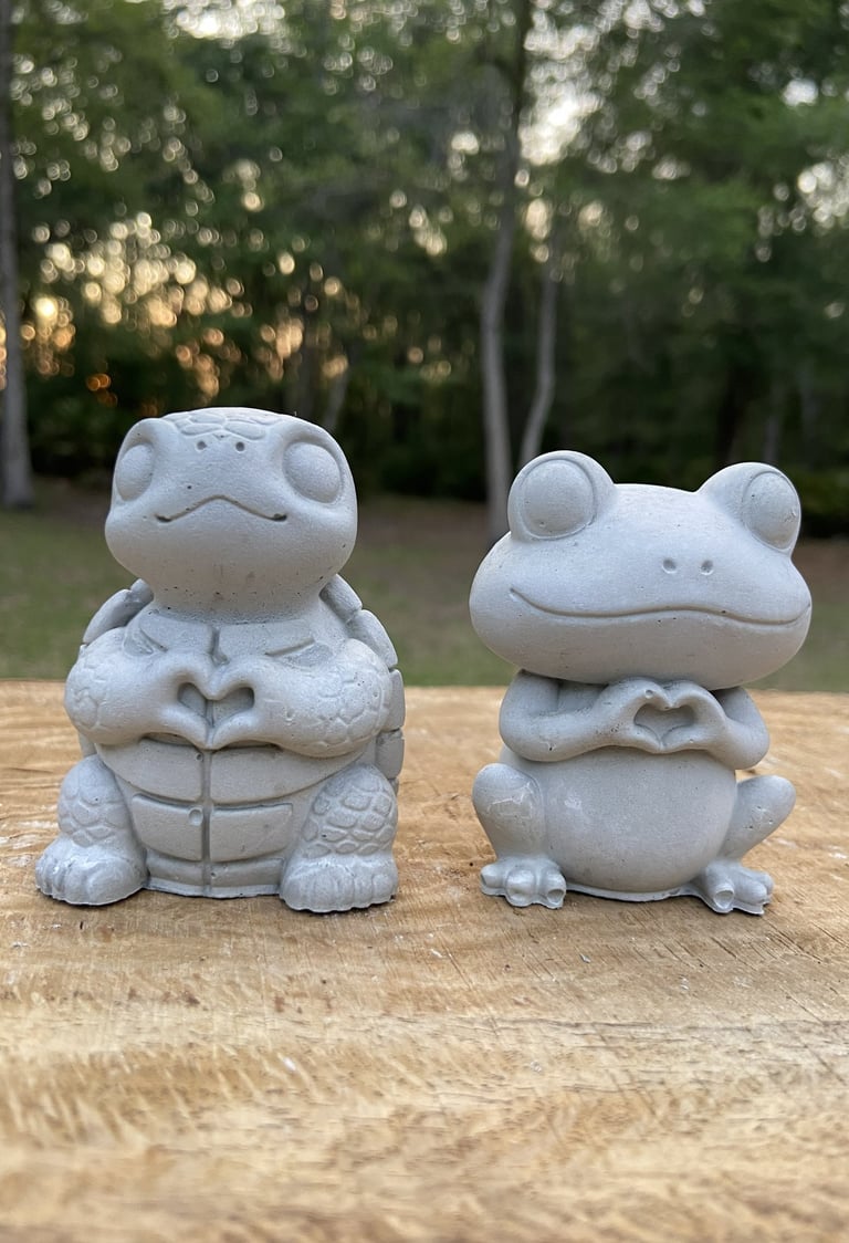 Concrete turtle and frog garden statues making heart shapes with their hands on a wooden surface.