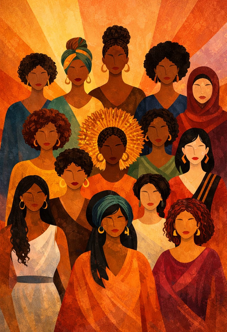 grupo de mujeres racializadas unidas apoyandose las unas a las otras