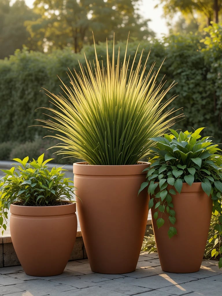hree stacked-height matte terracotta planters grouped near an above ground pool edge, tall ornamenta
