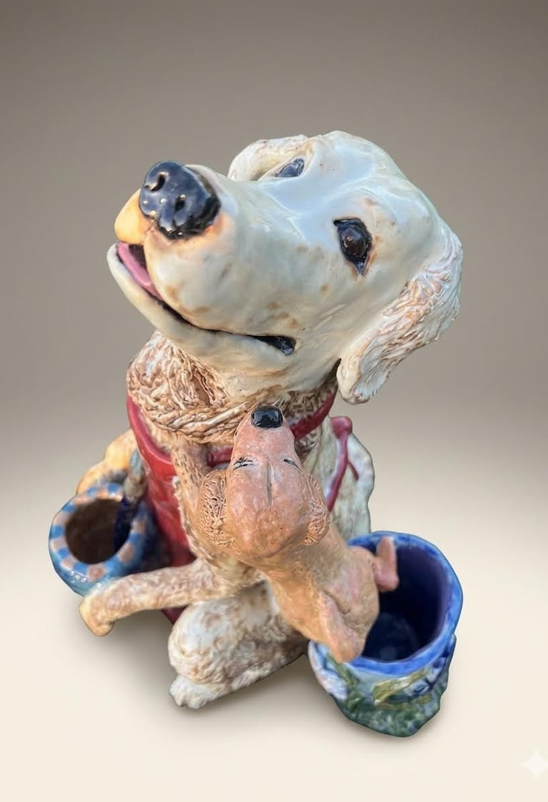 Hand-sculpted ceramic Golden Retriever artist sculpture in warm honey glazes.