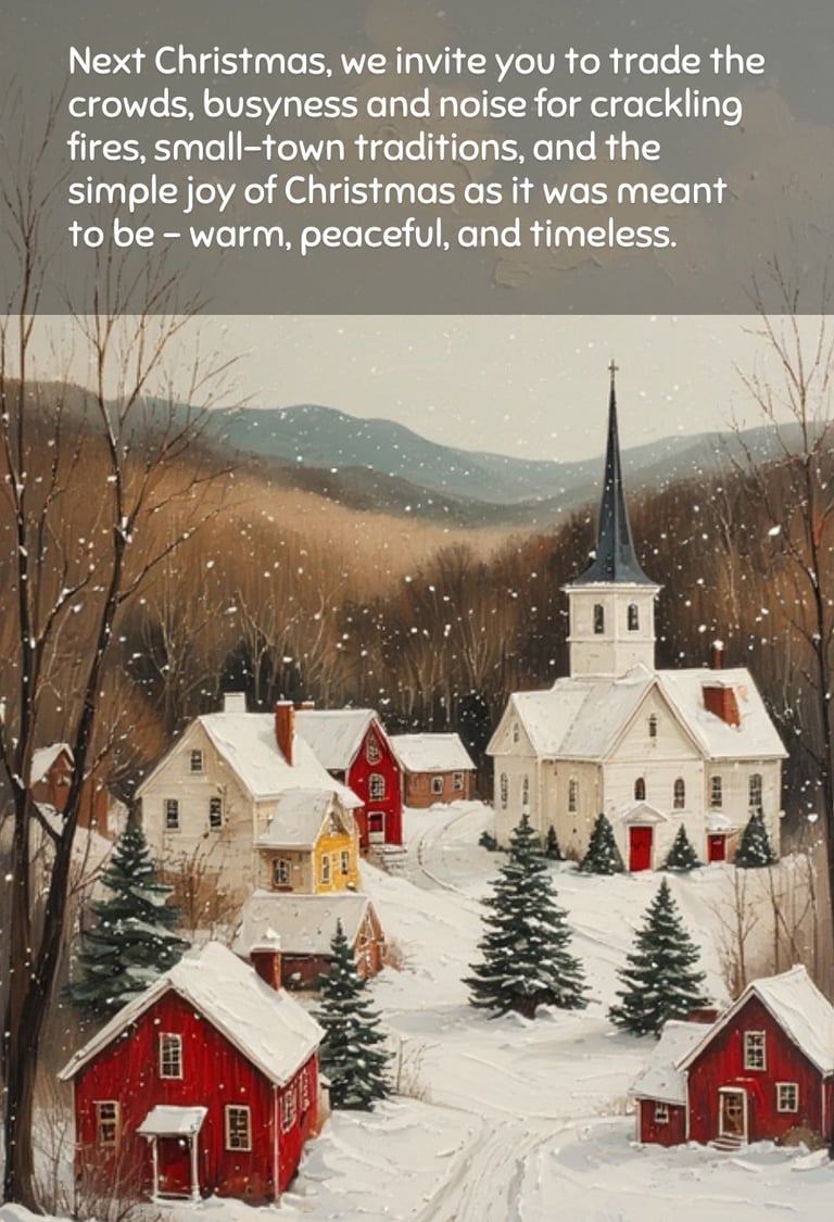a Christmas scene in a quaint village with a church and a steeple.