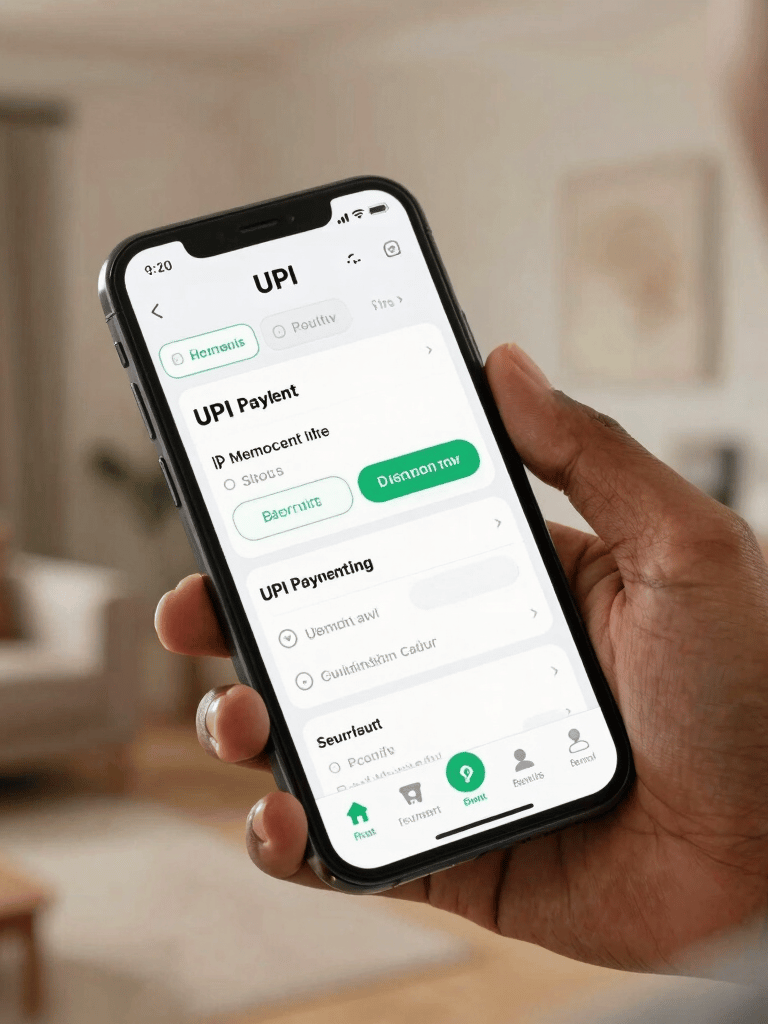A close-up shot of a smartphone screen displaying an e-commerce shopping cart with UPI payment options, held by a South Asian / Indian customer inside a well-lit home in Hyderabad. The background is a warm, modern living room with soft lighting, reflecting security and digital ease.