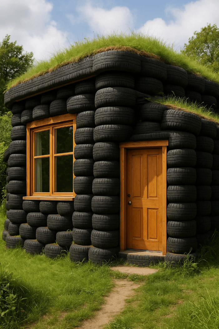 Maison en pneus recyclés pour la journée mondiale du recyclage