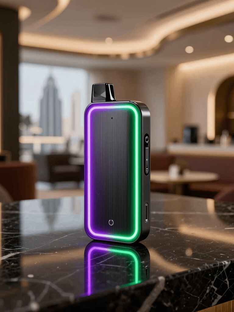 A sleek electronic vape device on a reflective black marble countertop in a luxury Dubai lounge, with vibrant neon lines of electric violet and green tracing the edges, modern architecture of Dragon Mart visible in the soft-focus background, dramatic atmospheric lighting, Middle Eastern / Dubai Gulf Region.