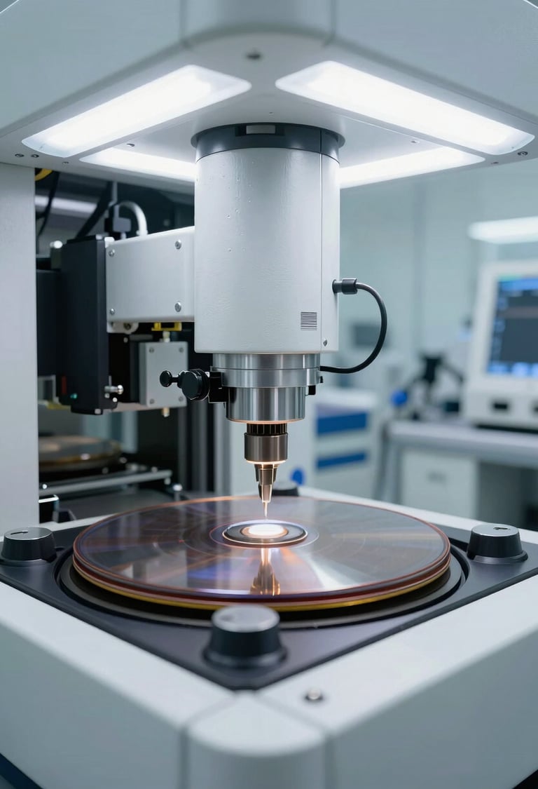 Wide shot of a semiconductor wafer probe station in an industrial cleanroom, overhead view of a 300mm wafer on a precision chuck under test needles, cool fluorescent lighting, clinical white environment, sharp technical detail, no human figures