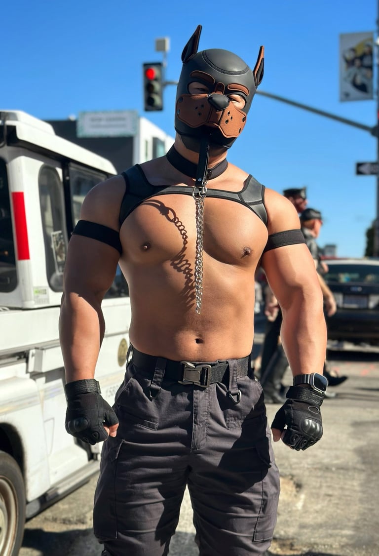 A man on the street in a pup mask.