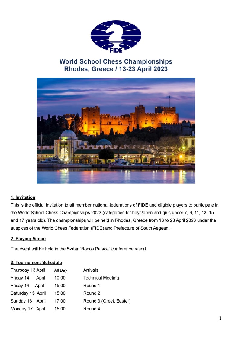 World School Chess Championship 2023 Fide Event in Rodos Palace, Rhodes. Greece. FIDE Chess