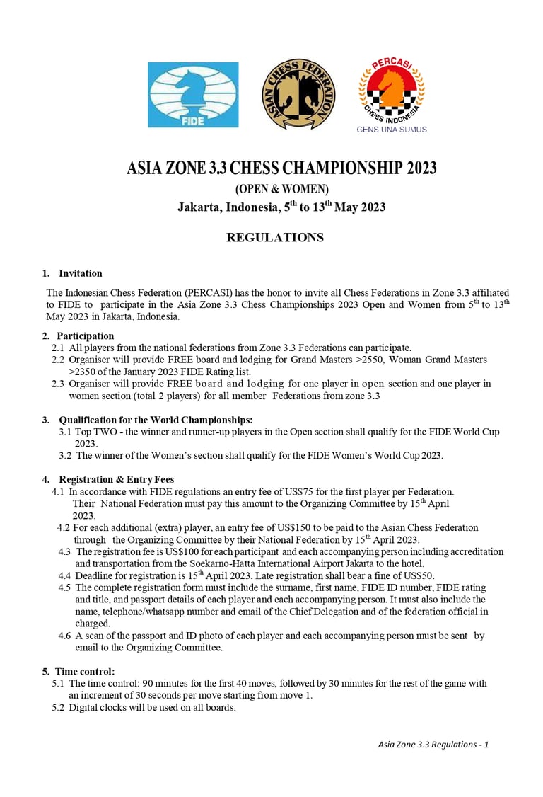 Asian Zonal 3.3, Century Park Hotel Jakarta, Indonesia. Percasi Indonesia. Asian Chess Federation