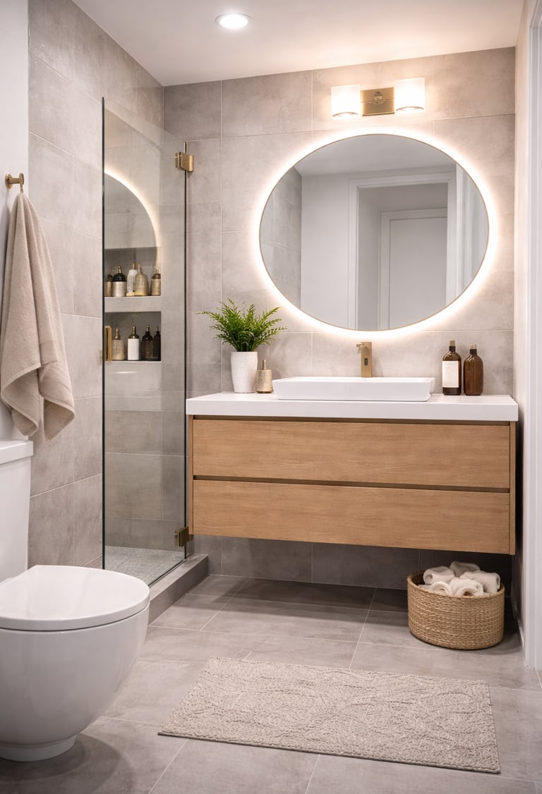 colores y materiales en baño moderno pequeño gris y madera