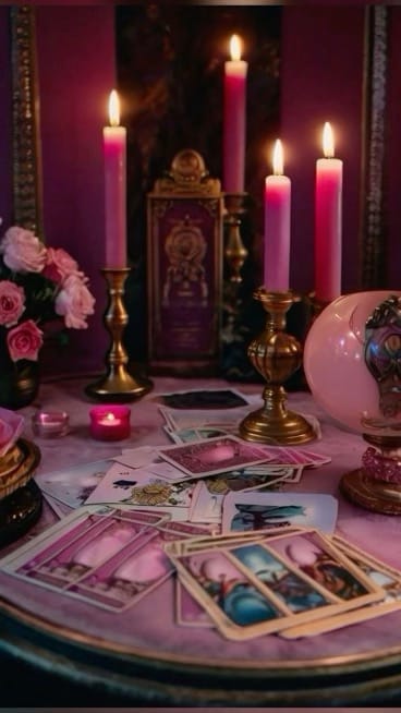 A spiritual tarot card reading layout with lit pink candles and mystical accessories.