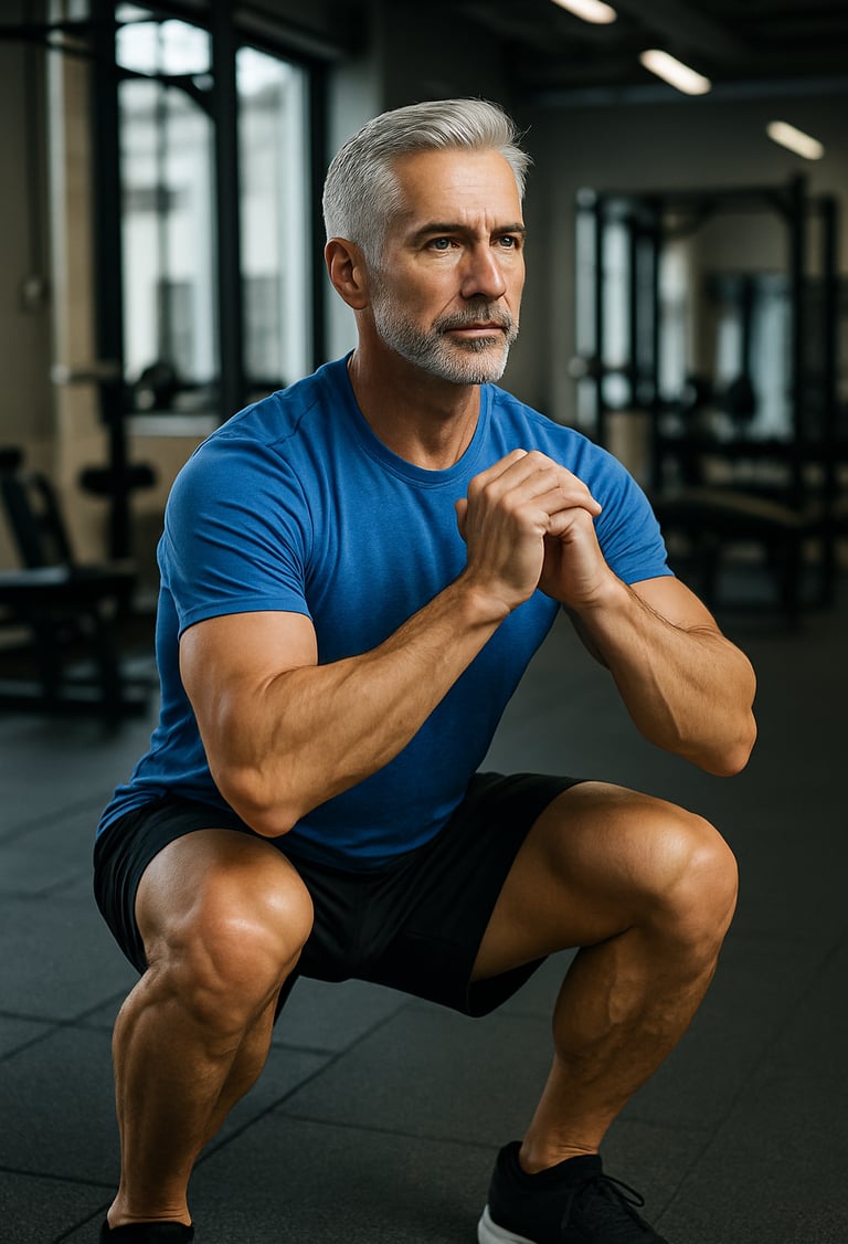 a man in a blue shirt is squatting on a gym floor