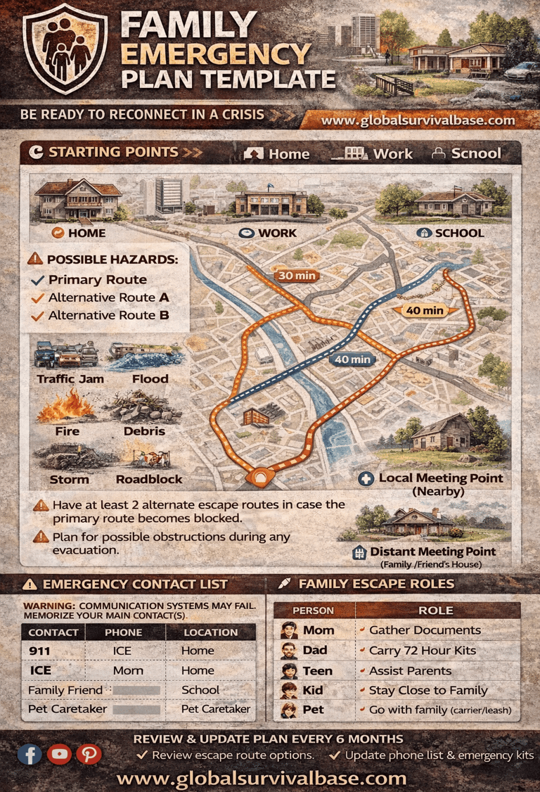 family evacuation plan with 3 starting points and alternative routes