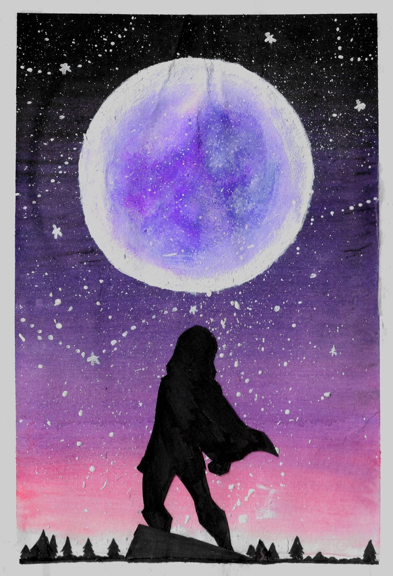 a lone rogue on a hill gazing in the nigh at the full moon in the purple sky