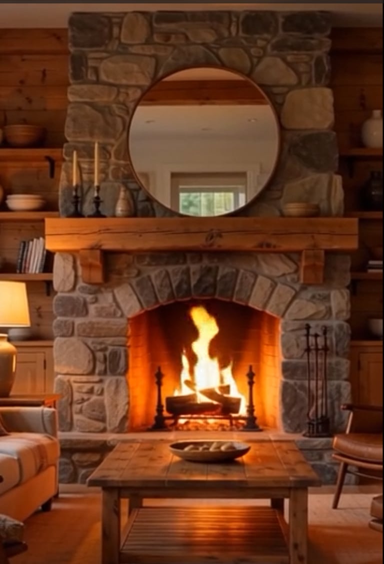 Stone and beam living room with architectural details, natural stone, and warm wood beams
