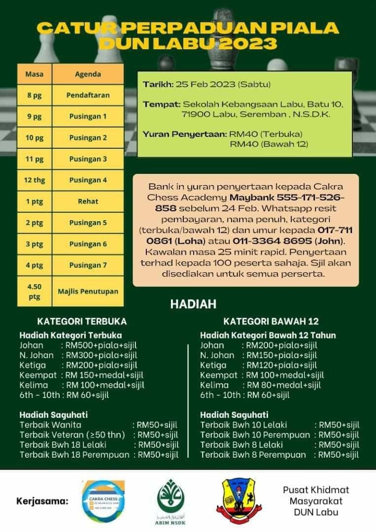 Catur Perpaduan Piala Dun Labu 2023. Pertandingan Catur Malaysia. 