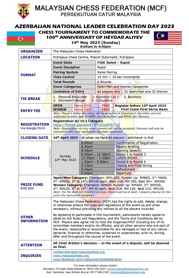 100th Anniversary Of Heydar Aliyev – Azerbaijan National Leader’s Day Malaysian Chess Tournament. 