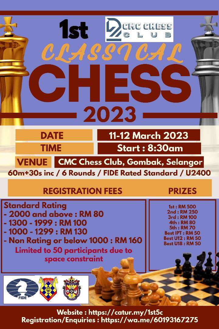 1st CMC Classical Chess 2023. Catur Malaysia. Malaysia Chess. Pertandingan Catur Malaysia