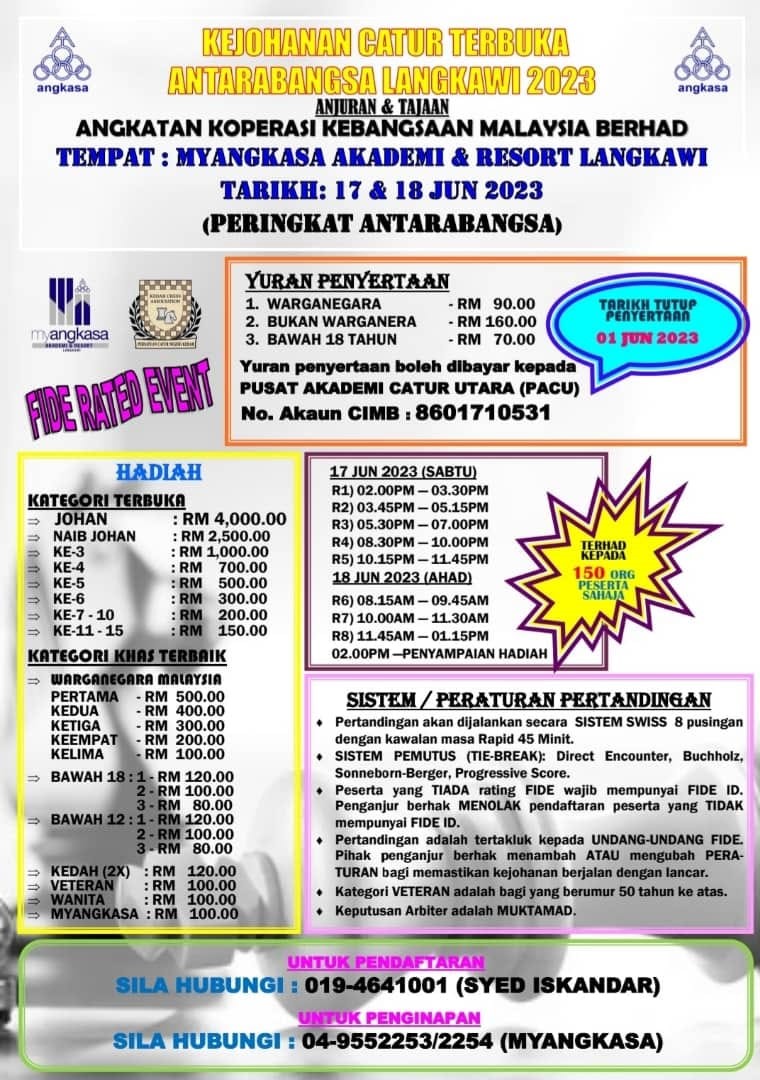 Langkawi Open Chess Tournament 2023. Catur Malaysia. Chess Clicks. Malaysia Chess. 