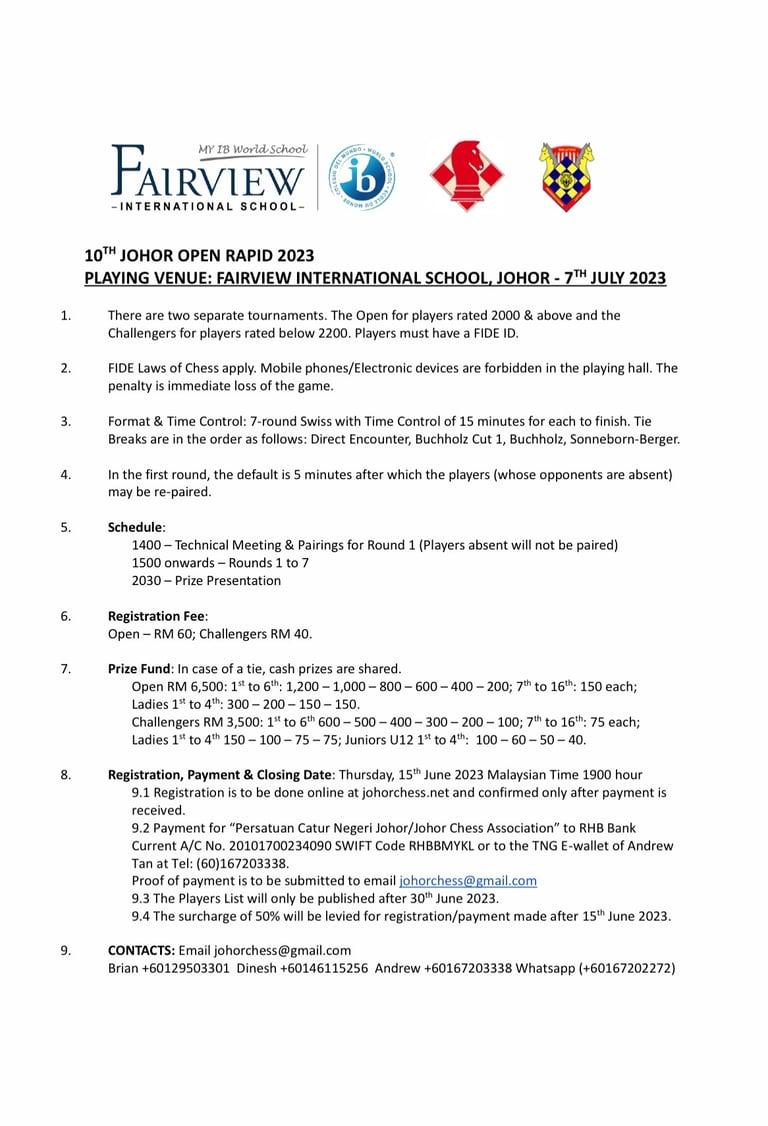 10th Johor Open 2023 - ASEAN Chess Series. Malaysia Chess. Chess Clicks