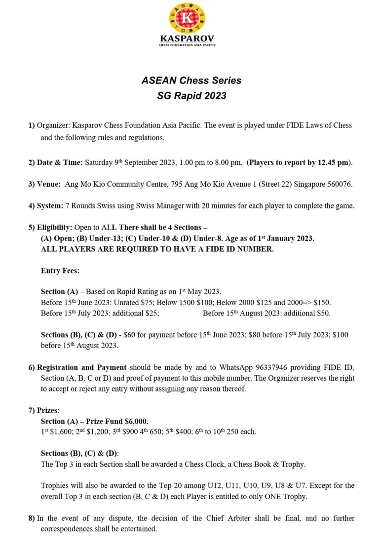 ASEAN Chess Series - SG Rapid 2023. Kasparov Chess Federation. Singapore Chess