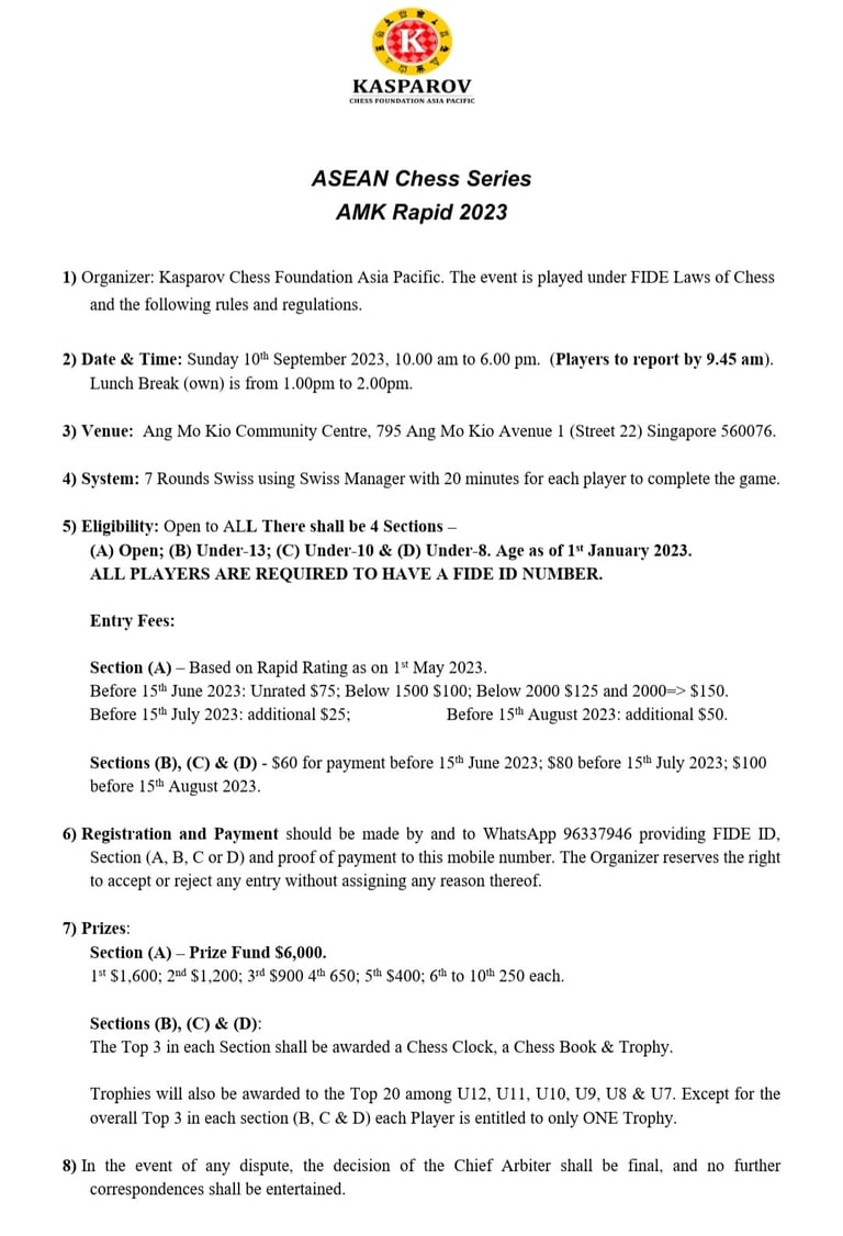 ASEAN Chess Series - AMK Rapid 2023. Kasparov Chess. Singapore Chess