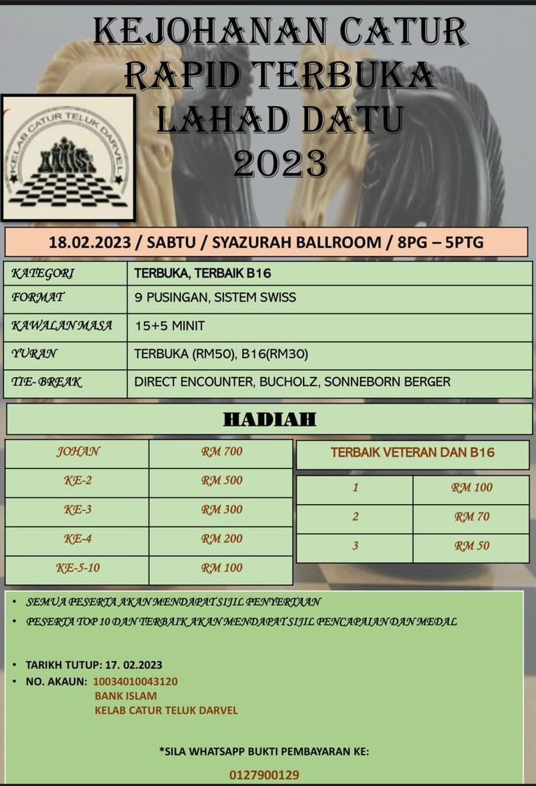 Kejohanan Catur Rapid Terbuka Lahad Datu 2023. Pertandigan Catur Malaysia 2023