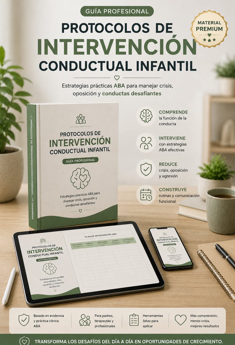 Guía profesional de protocolos de intervención conductual infantil con estrategias ABA para padres y terapeutas.