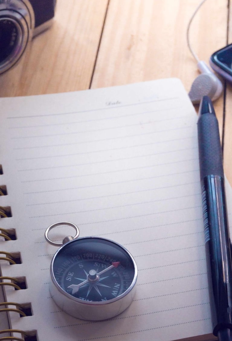A compass on top of a notebook, with a pen and camera on the side