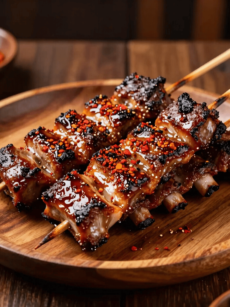 A professional food photograph of delicious Nigerian Suya skewers alongside slow-smoked barbecue ribs on a clean wooden plate. Warm side lighting highlights the vibrant red spices and glossy barbecue glaze, set in a cozy North American / US dining atmosphere.