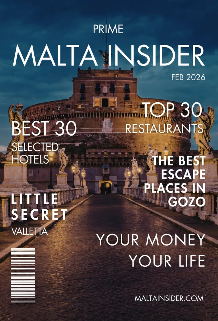 Malta Insider magazine cover featuring Castel Sant’Angelo and travel guides for Gozo and Valletta.
