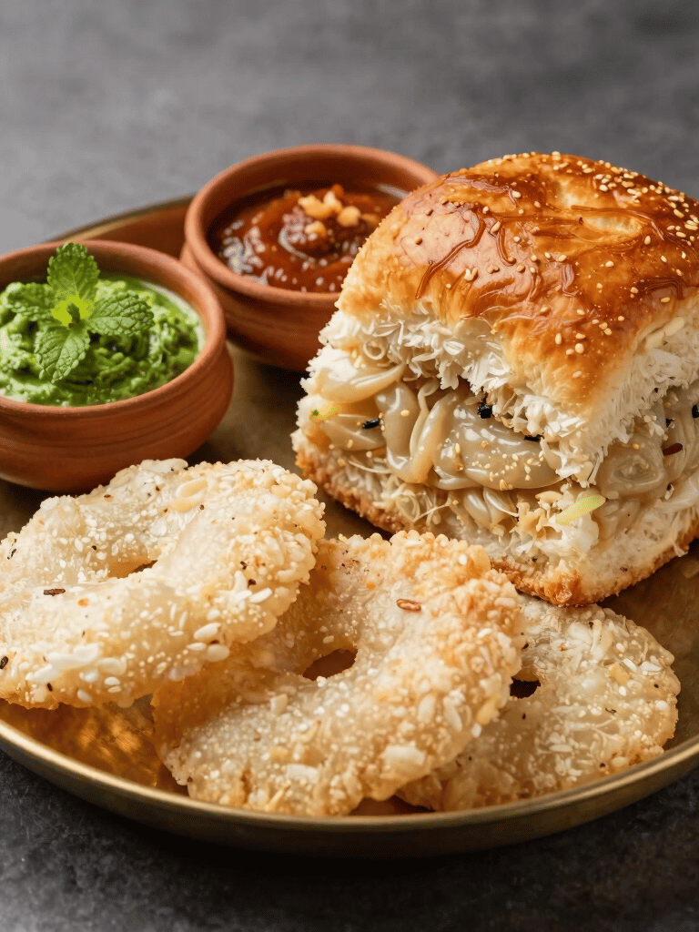 Mouthwatering food photography of a golden-brown Vada Pav and crispy Kothimbir Vadi, served beautifully on a traditional South Asian brass plate. Small clay bowls containing vibrant green mint chutney and red garlic chutney sit alongside. Gentle, warm studio lighting accents the textures of the fresh food.
