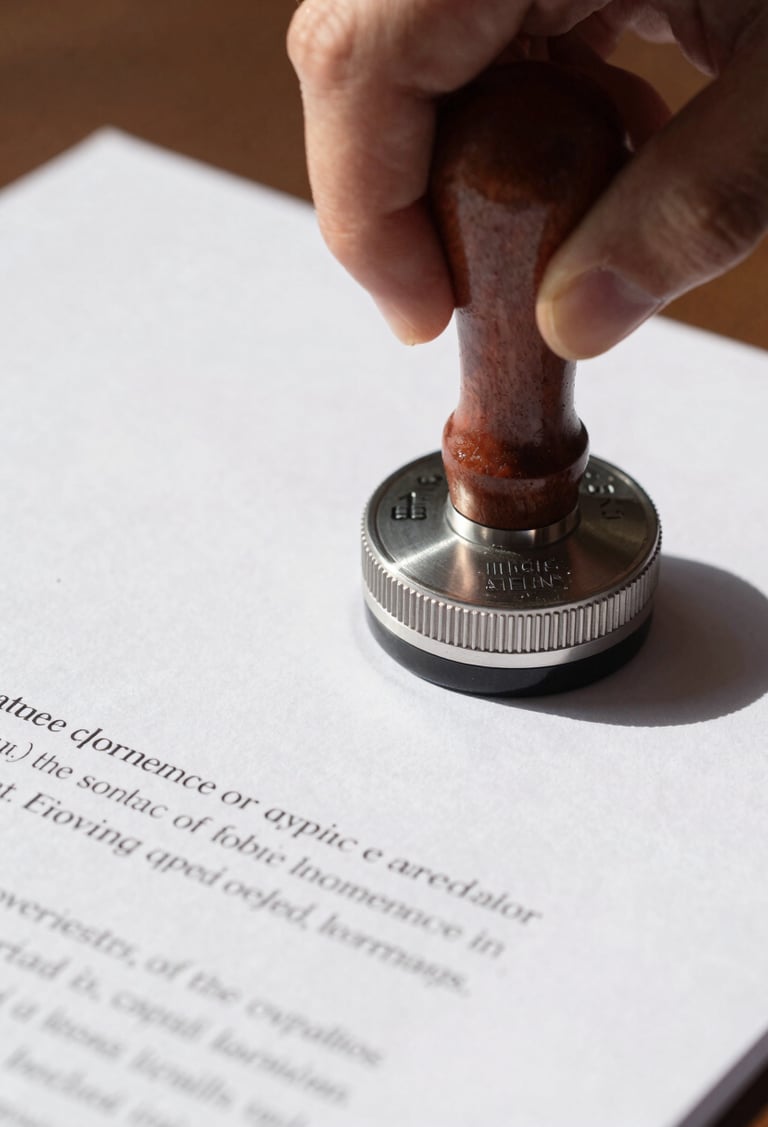 Close-up of a corporate seal being applied to a clean, crisp legal document, bright natural daylight, sharp professional shadows