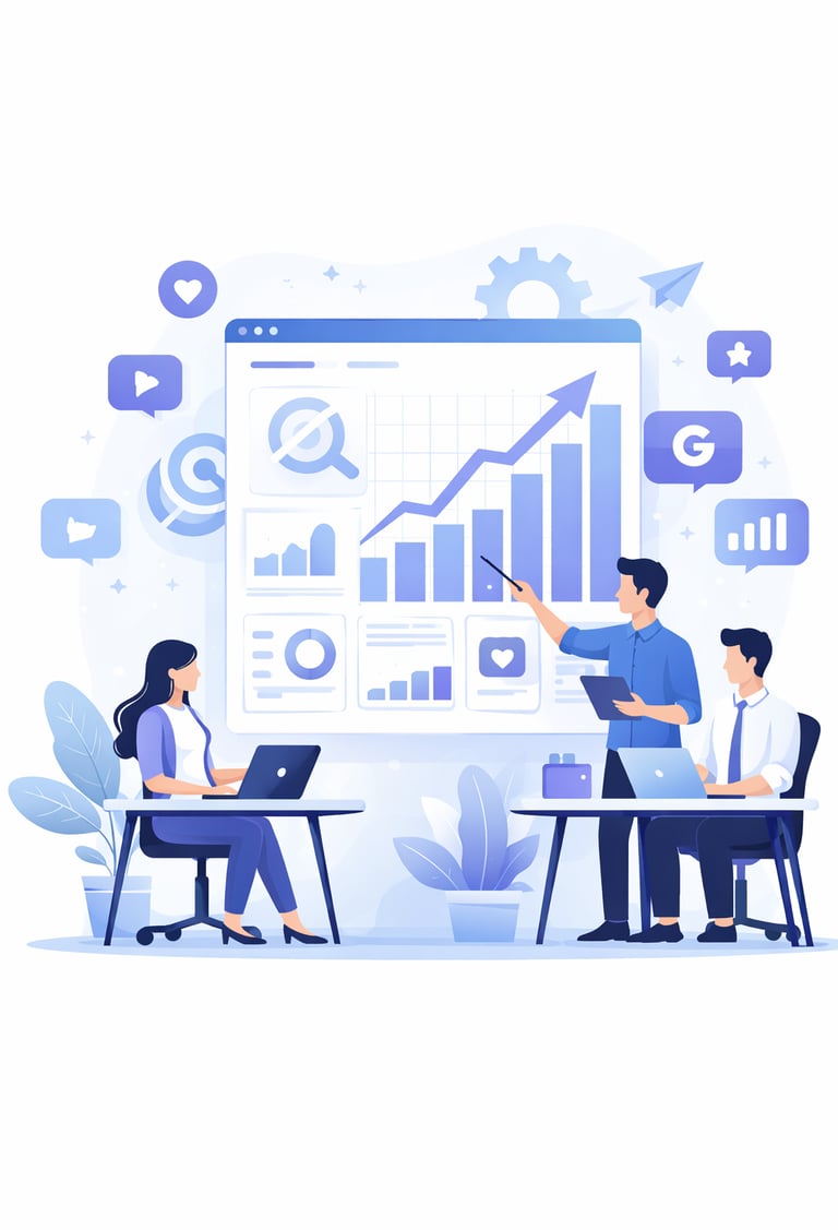 Digital marketing strategy illustration with SEO analysis, data charts, and rocket growth icons.