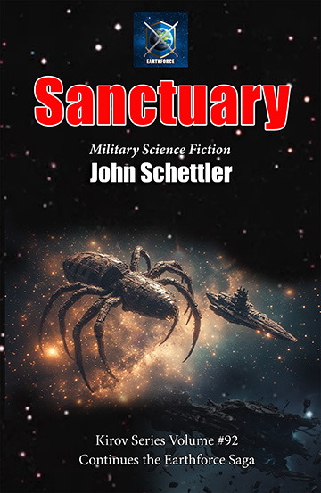 On the cover of Sanctuary, Flagship Orion meets a massive Jinn spider ship