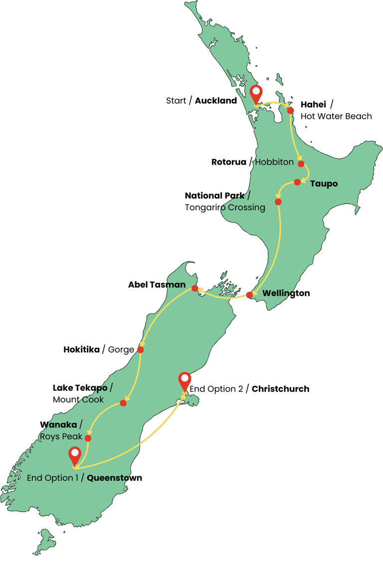 a map of new zealand showing the itinerary route of this tour