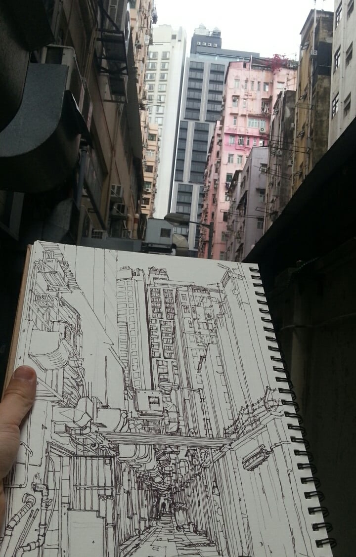 City sketch of Kowloon Hong Kong by artist Evgeny Bondarenko